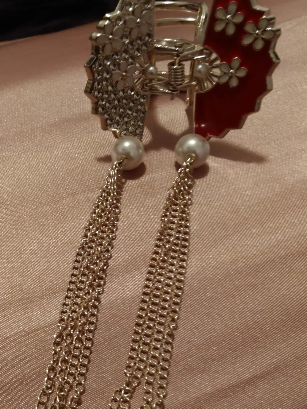 Gold Pearl Tassel Hair Clip with Red Enamel and Crystal Flower Accents - Picture 3 of 5